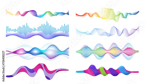 Audio and tune sound waves with curvy lines, waves and mesh texture. Vector isolated noise equalizer, visualization of song effect, motion of composition. Swirls and light 3d stream flow