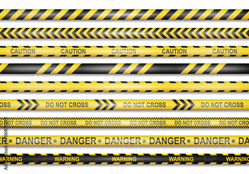 Yellow caution ribbon, do not cross, warning and danger. Vector isolated realistic tape of police, prohibition to trespass, barrier for pedestrians. Crime scene investigation, forbidden access