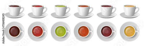 Tea cups, realistic tasty beverages served in ceramic mugs with handles and saucers. Vector cafe or restaurant order, different herbal tastes of warm drinks. Side and top view on dishware