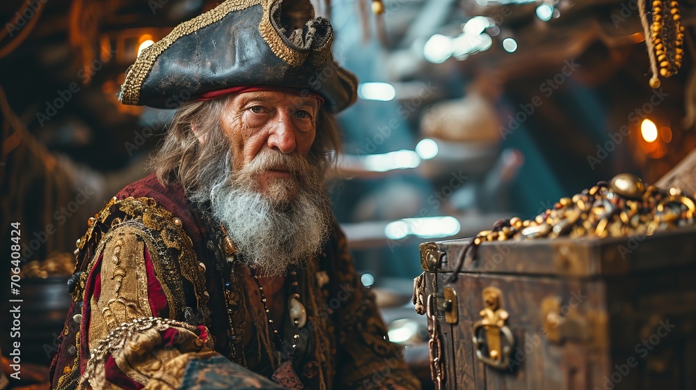 An elderly man dressed in a traditional pirate outfit with a tricorn hat stands next to a chest full of gold coins in the atmosphere of an ancient ship.
