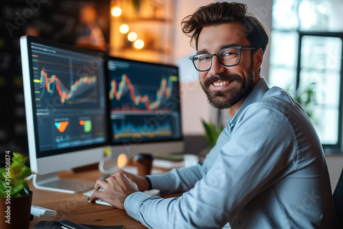 Financial analyst or traders working on computer ,with real-time stocks and exchange market charts photo