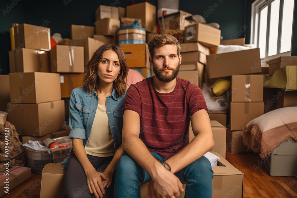 Couple with pile of cardboard boxes and other stuff on moving home day Couple with pile of cardboard boxes and other stuff on moving home day