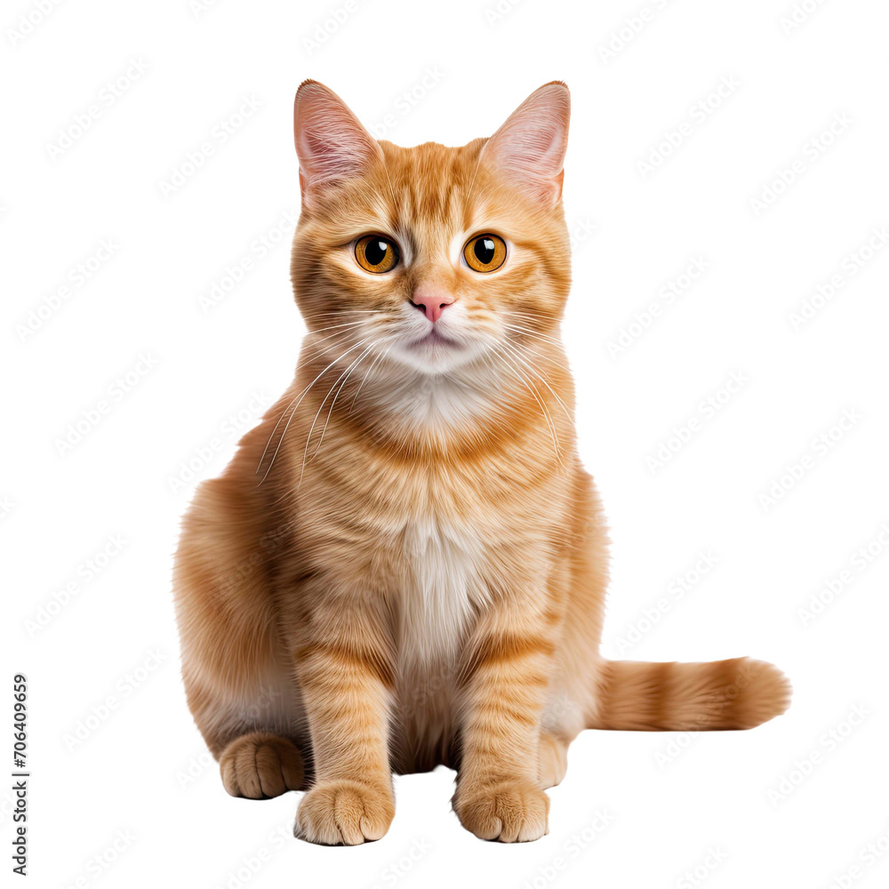 cute ginger cat sitting and looking at the camera ,isolated on white background