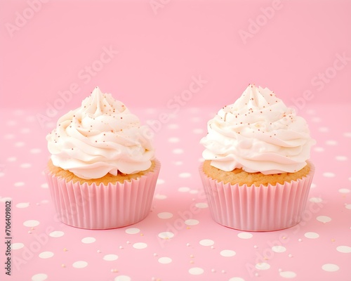 Cupcake with pink frosting on pastel background. 