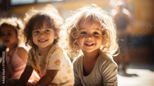 Two adorable toddlers with bright smiles playing together in a room filled with warm sunlight  radiating innocence and joy.