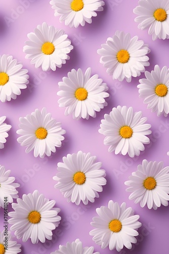 Daisies on purple background. Modern flower wallpaper. Top view.  © Milosc