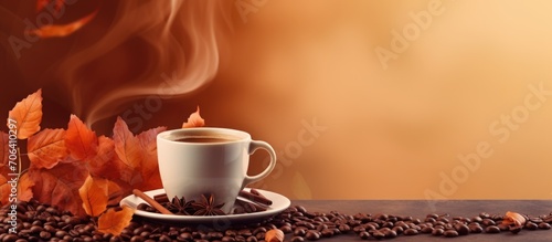 Autumn-themed decorations on a banner for International Coffee Day with a steaming cup.