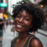 Close-up Portrait Of A Young African American Woman Enjoying City Life and Smiling at Camera, Beautiful Black Woman, Blurry City Background, Mock-Up Photography, Model Photoshoot