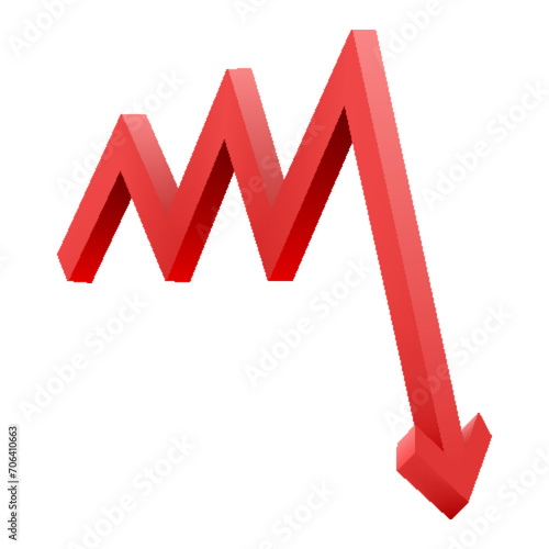 Red arrow pointing downwards showing crisis. Graph chart down icon. Realistic 3d vector illustration isolated on white background