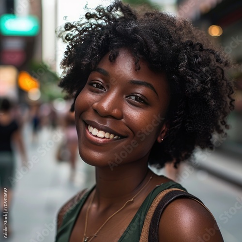 Close-up Portrait Of A Young African American Woman Enjoying City Life and Smiling at Camera, Beautiful Black Woman, Blurry City Background, Mock-Up Photography, Model Photoshoot © XiaoYu