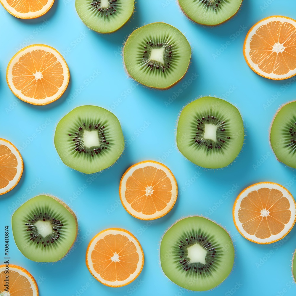 Flat lay composition with kiwi and orange slices on color background. Pattern form. Flat lay composition with kiwi and orange slices on color background. Pattern form.