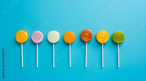 Colorful sweet candies on stick. Pastel blue background. Top view photo. Minimal style. 
