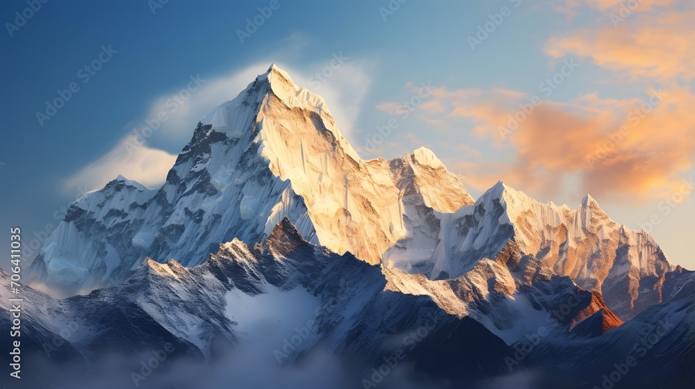 Panoramic view of Himalaya mountain range at sunset in Nepal