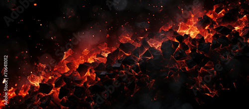 Burning coals in the dark smoldering coal bright red sparks of fire background