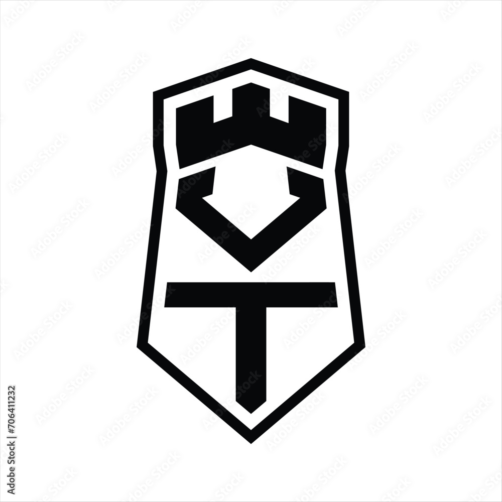 VT Letter Logo monogram hexagon shield shape up and down with crown castle isolated style design