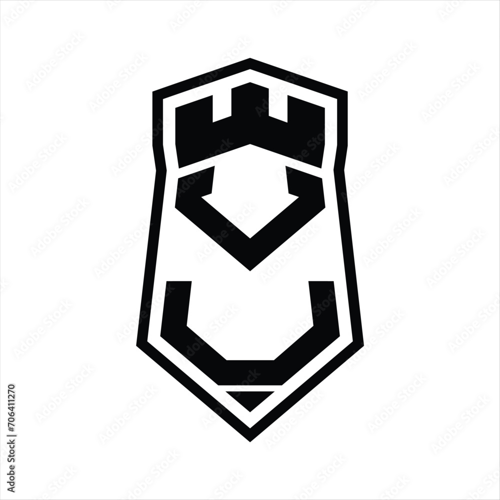 VU Letter Logo monogram hexagon shield shape up and down with crown castle isolated style design VU Letter Logo monogram hexagon shield shape up and down with crown castle isolated style design
