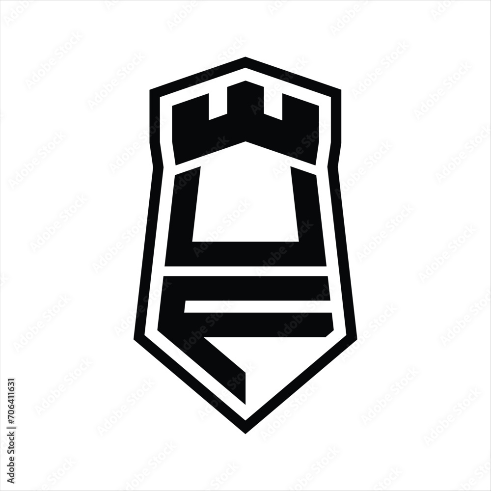 UF Letter Logo monogram hexagon shield shape up and down with crown castle isolated style design UF Letter Logo monogram hexagon shield shape up and down with crown castle isolated style design