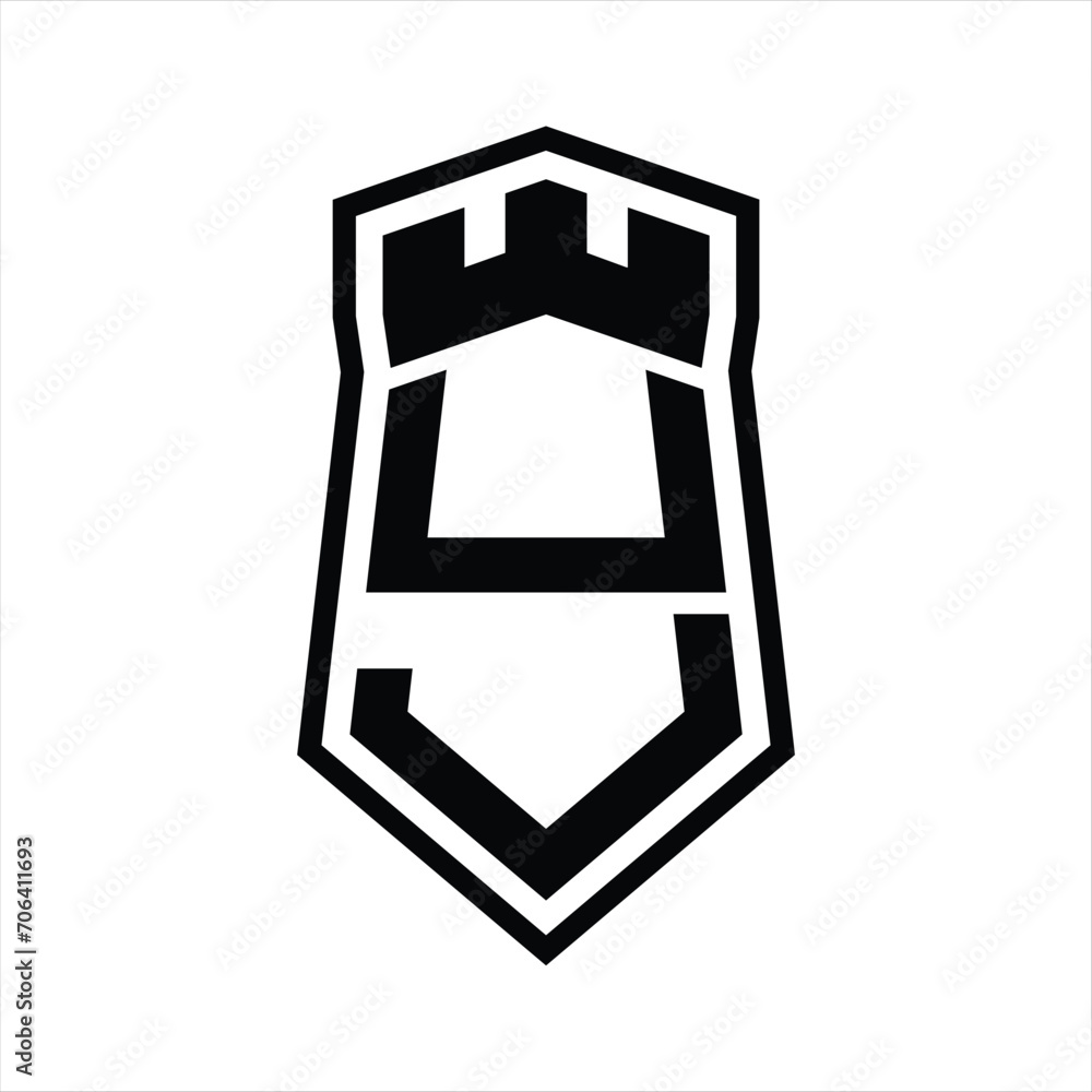 UJ Letter Logo monogram hexagon shield shape up and down with crown castle isolated style design UJ Letter Logo monogram hexagon shield shape up and down with crown castle isolated style design