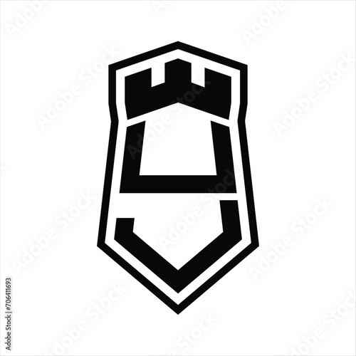 UJ Letter Logo monogram hexagon shield shape up and down with crown castle isolated style design