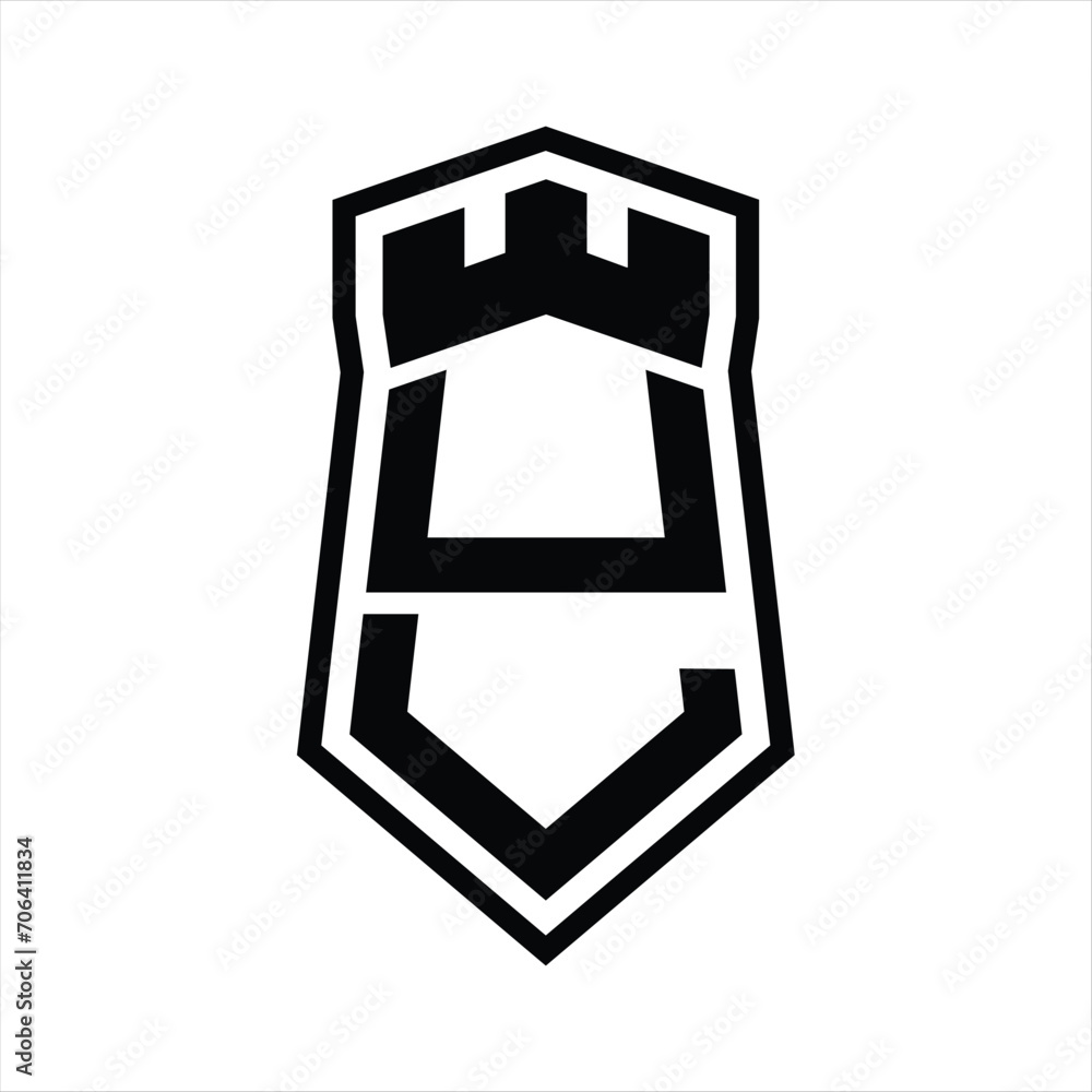 UL Letter Logo monogram hexagon shield shape up and down with crown castle isolated style design UL Letter Logo monogram hexagon shield shape up and down with crown castle isolated style design