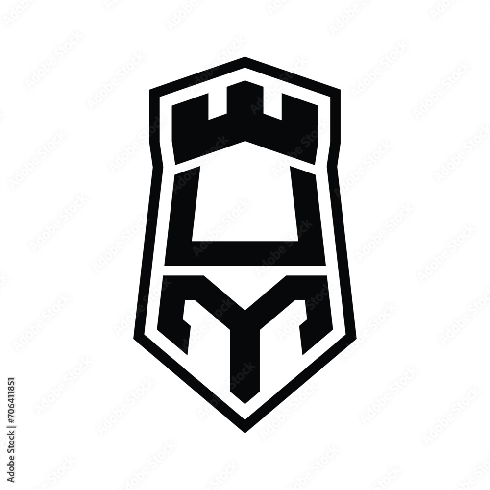 UM Letter Logo monogram hexagon shield shape up and down with crown castle isolated style design UM Letter Logo monogram hexagon shield shape up and down with crown castle isolated style design