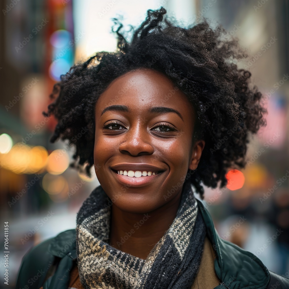 Close-up Portrait Of A Young African American Woman Enjoying City Life and Smiling at Camera, Beautiful Black Woman, Blurry City Background, Mock-Up Photography, Model Photoshoot Close-up Portrait Of A Young African American Woman Enjoying City Life and Smiling at Camera, Beautiful Black Woman, Blurry City Background, Mock-Up Photography, Model Photoshoot