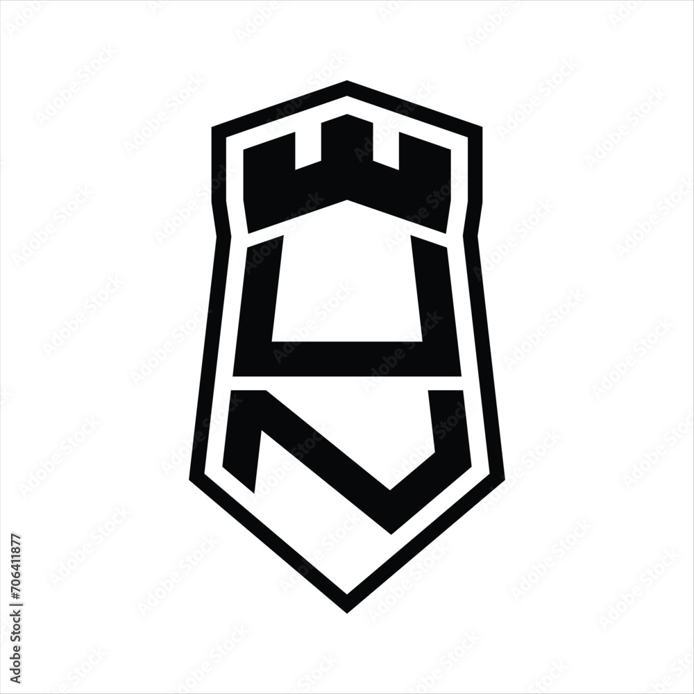 UN Letter Logo monogram hexagon shield shape up and down with crown castle isolated style design UN Letter Logo monogram hexagon shield shape up and down with crown castle isolated style design