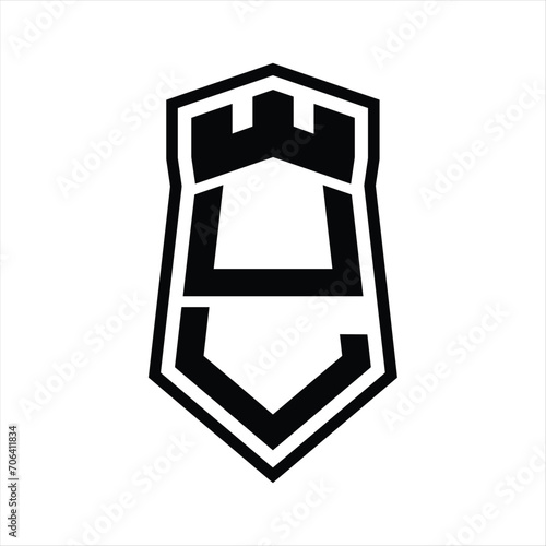 UL Letter Logo monogram hexagon shield shape up and down with crown castle isolated style design