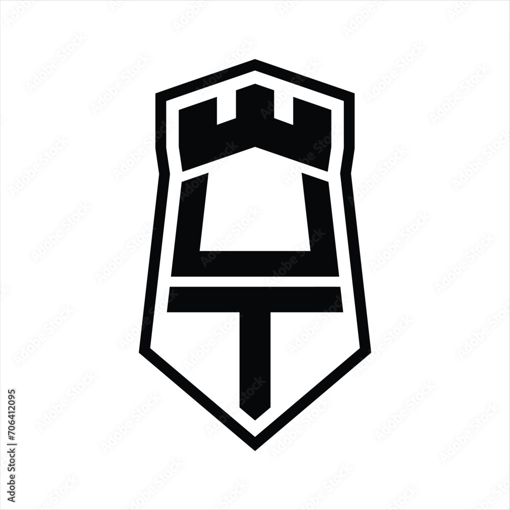UT Letter Logo monogram hexagon shield shape up and down with crown castle isolated style design UT Letter Logo monogram hexagon shield shape up and down with crown castle isolated style design