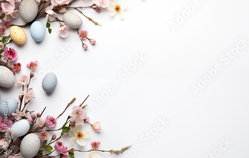 Easter eggs with wildflowers banner background with free space for text