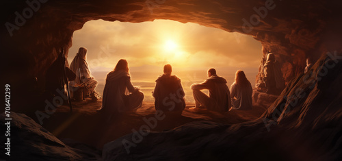 Leinwand Poster The Magi sit in a cave and greet the dawn