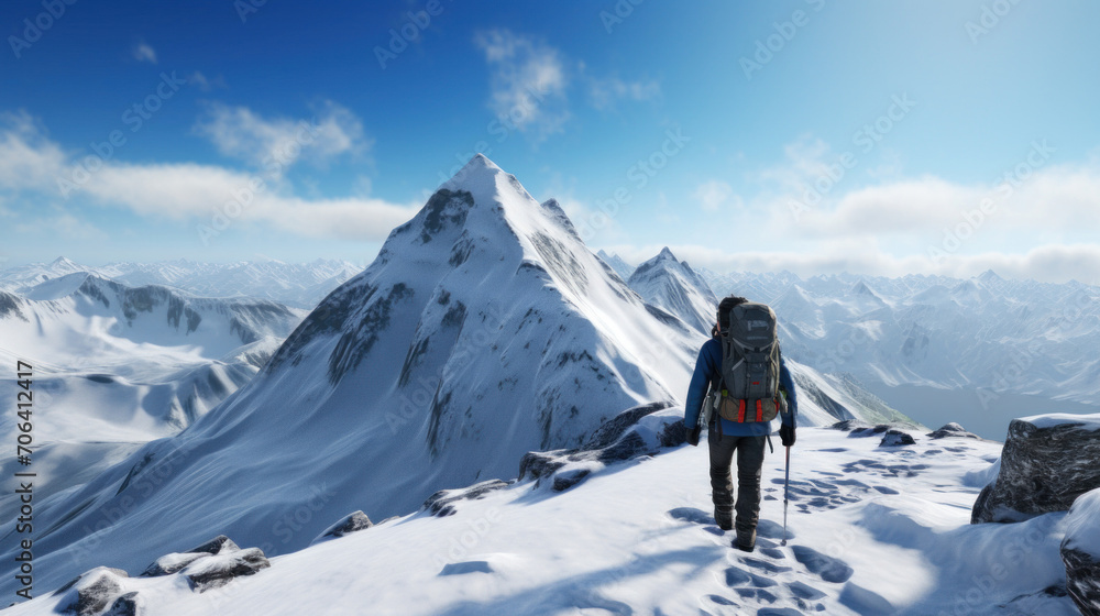 An adventurer trekking towards a majestic snow-capped mountain summit under a clear blue sky.