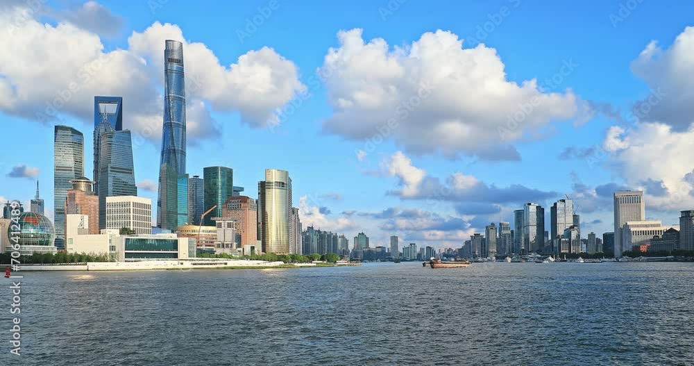 4K real time video, Shanghai skyline and modern buildings landscape under blue sky. 4K real time video, Shanghai skyline and modern buildings landscape under blue sky.