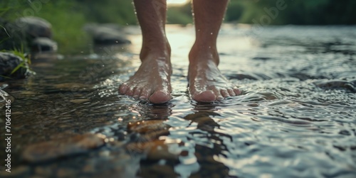 A person standing in a stream with their feet in the water. This image can be used to depict relaxation  nature  and tranquility