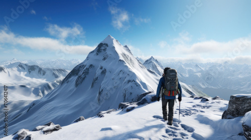An adventurer trekking towards a majestic snow-capped mountain summit under a clear blue sky. © tashechka