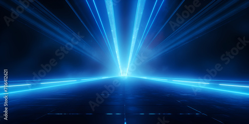 Abstract dark futuristic background blue neon light rays reflect off the water .Abstract technology futuristic glowing blue and red light lines with speed motion blur effect on dark blue background. 