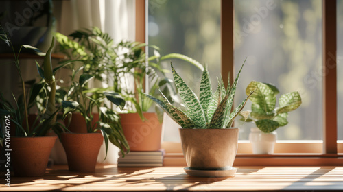A variety of lush indoor plants in terracotta pots enjoying the warm morning sunlight by a window.