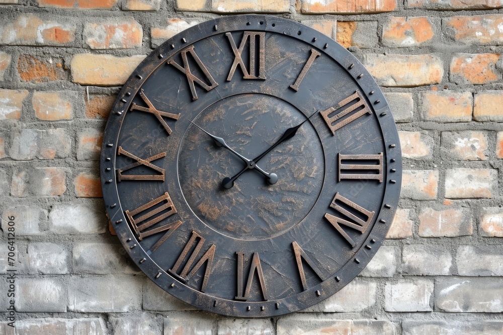 Blackened iron wall clock with dark numerals on a matte background