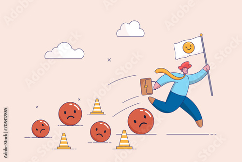 Running away from negative emotions concept. Stressful burden, anxiety or negative thinking, anger or emotional cause of problem, mental health or depression. Businessman running away from depression.