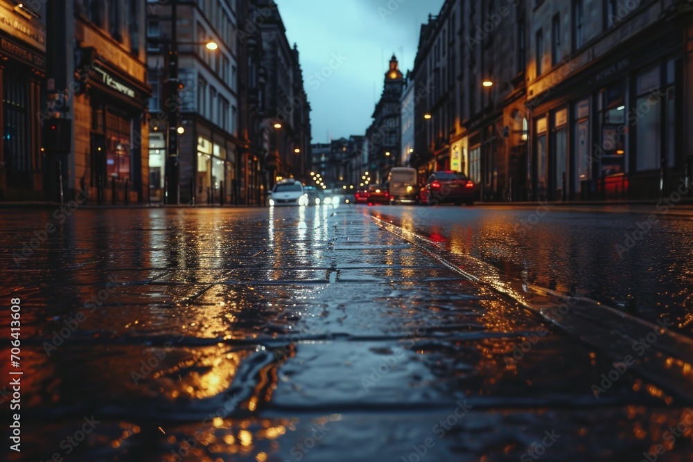 Fototapeta premium A wet city street illuminated by streetlights with cars driving down it. Perfect for urban scenes and transportation themes
