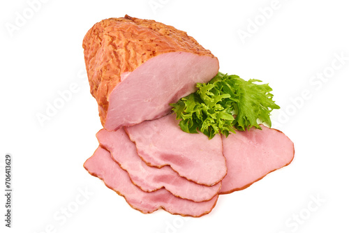 Traditionally smoked pork meat with slices, close-up, isolated on white background. Meatworks boiled ham photo