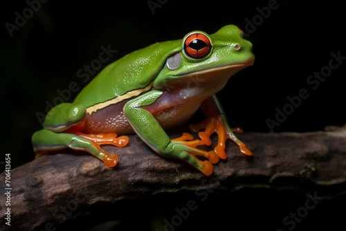 A vibrant tree frog perched on a branch. Generative AI © Leila