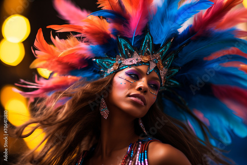Energetic woman carnival dancer. Colorful vibrant feather festival costume. party concept