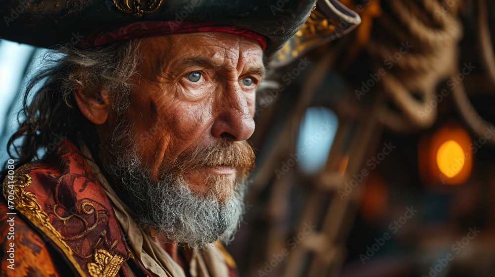 A close-up portrait of a man dressed as a pirate with a fixed gaze, detailing his deep eyes, well-groomed beard and mustache, and leather headdress. A close-up portrait of a man dressed as a pirate with a fixed gaze, detailing his deep eyes, well-groomed beard and mustache, and leather headdress.