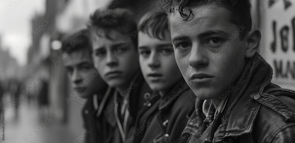 A black and white shot of a group of teenagers in leather jackets lined up on the street. concept: teenage culture, friendship and social life of youth. A black and white shot of a group of teenagers in leather jackets lined up on the street. concept: teenage culture, friendship and social life of youth.