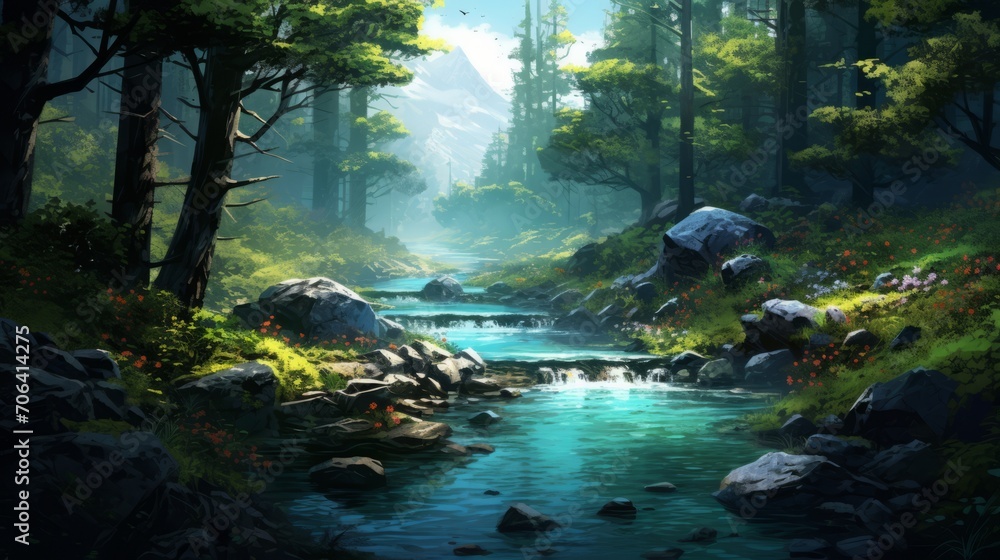 Serene wilderness: stunning river and lush forest landscape, nature's beauty in full bloom