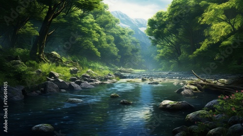 Serene wilderness  stunning river and lush forest landscape  nature s beauty in full bloom
