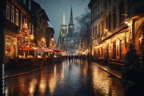 Blurry view, night atmosphere of Weihnachtsmarkt, Christmas Market with crowd of people and various beautiful decorated illuminate stalls beside Cologne Cathedral in Köln, Germany.
