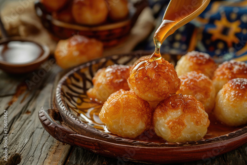 A plate of baursak, traditional Kazakh fried dough balls, served with honey photo
