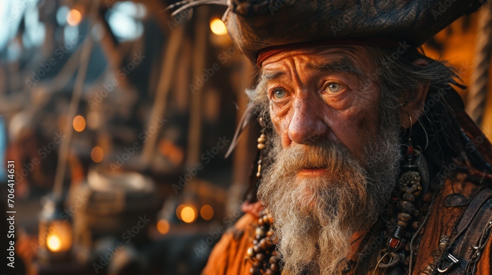 Portrait of an elderly man in a pirate costume with rich jewelry and a wide-brimmed hat, against the background of the side of the ship.